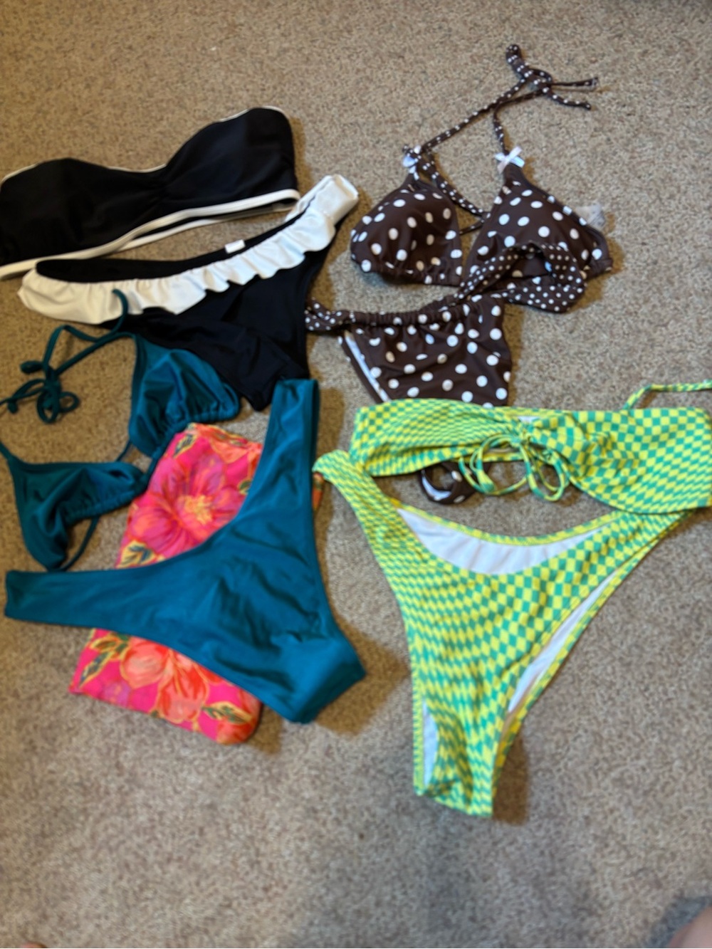 Women’s Mix Swim Bikini Set - Black, Brown Polka Dot, Teal, Lime Checker